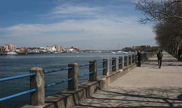Looking east along the northern esplanade of Manhattan Beach, and along Sheepshead Bay in Brooklyn, NY. This image was made by Robert Swanson Username = ryssby