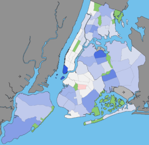 New York City growth rates by Community District from 1990 to 2000. (Note: the original name of the image was a typo -- the correct date range is from 1990 to 2000, not 1900 to 2000.) Credit: Quasipalm